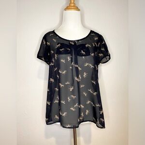 Color of Love Navy Blue Sheer Top with Horses Size Medium